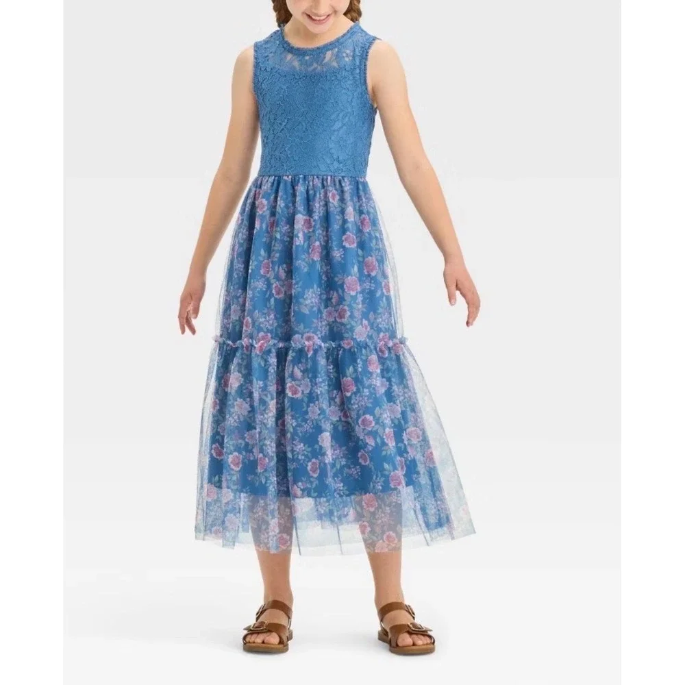 Zenzi Girls Blue Lace Floral Mesh Tiered Maxi Dress XS 4/5 Sleeveless Special